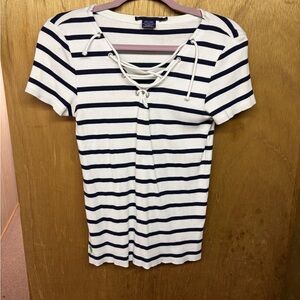 Nautica White and Navy Striped Lace-Up Short Sleeve Tee